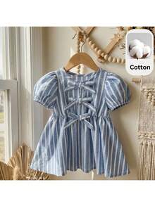 Loomiva Newborn Baby Girl Soft Knit Round Neck Petal Sleeve Cinched Waist Dress Baby Bow Dress Seersucker Infant Dresses Cotton Baby Dress - Multicolor - View 3