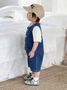 Bộ áo liền quần không tay bằng vải denim màu xanh hải quân dáng rộng cho bé trai - Rửa tối - Xem 5