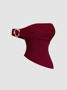 Sweetra New Summer Mesh Sexy Fashionable Versatile Asymmetric Hem Cinched Waist Red T-Shirt For Women - Burgundy - View 7