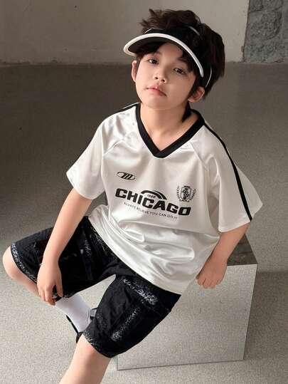 DAZY 男童休闲运动日常V领撞色滚边字母印花短袖T恤，夏季