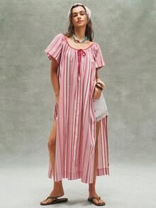 SHEIN BohoFeels 女士休闲条纹宽松短袖连衣裙 - 紅色 - 查看 5