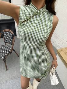 EastFlair Women's Plaid Stand Collar Split Design Casual Daily Vacation Travel Mini Dress,Valentine's Day,St Patrick's Day - Green - View 3