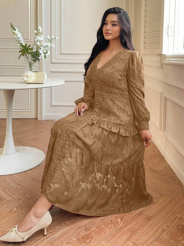 Dazy Plus V-Neck Elastic Fitted Elegant Lace Red Party/Date Dress, Plus Size Women Spring/Autumn