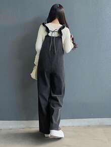 FRIFUL Women's Patchwork Ruffle Pocket Wide Leg Loose Casual Denim Jumpsuit - Grey - View 5