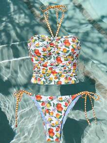 SHEIN MOD Sexy Fruit Print Drawstring Bikini Set,Orange Bathing Suit Women,Vacation Bathing Suits Woman,Vacation Bikini,Swimsuits Orange,Chic Women's Fruit Print Ruched Bandeau Halter Bikini Top And Tie Side Bottoms Swimsuit,Seaside Vacation,Vacation Outfits Women ,Holiday ,Summer Outfits - Multicolor - View 4