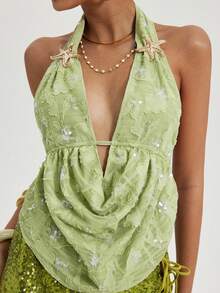 Coolane Women's Spring/Summer Chic Vacation Outfits Sequin Floral Sparkly Green Cowl Neck Backless Tank Tops - Green - View 6