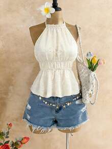 Sunnyshic Spring/Summer Women's Fashion Apparel, French Embroidered Vacation Style Halter Backless Sweet Sleeveless Blouse - Apricot - View 8