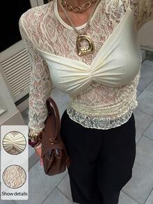 Siren Gaze Chic Women's Sheer Lace Long Sleeve Top Cream Floral Pattern With Wrapped Bust Design Casual Summer Wear Women's Elegant Cream Lace Long Sleeve Top Sheer Floral Detailed With Bustier Style Overlay Lace Top Long Sleeve Lace Top Summer Outfits - Light Yellow - View 2