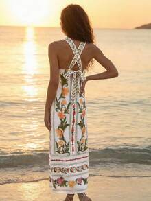CAJUNI Women's Elegant Floral Print Long Dress With Crisscross Straps And Tie Back Summer Beach Maxi,Tropical Vacation Cute Sleeveless Resort - Apricot - View 2