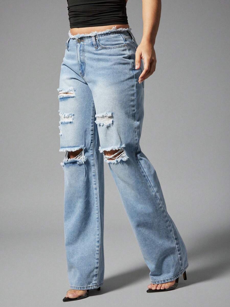 Denimoi Low Rise Distressed Denim Jeans Sexy Jeans Y2K Fashion Low Rise Jeans GNO Concert Clubwear - Light Wash - View 1