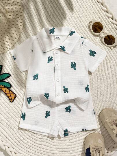 Playful Pals 2件套新生男宝宝休闲可爱仙人掌印花短袖衬衫和短裤套装，适合春夏季节、生日派对、晚宴、婚礼、迎婴派对、婚礼宾客、花童等场合。