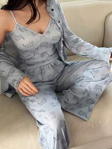 DAZY 3pcs Cat Print Frill Trim Women Pajama Set - Grey - View 3