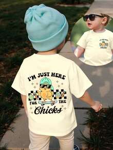 Baby Boys' Casual Fashionable Creative Cute Round Neck Fitted Knit T-Shirt With "I'M JUST HERE FOR THE CHICKS" Easter Chick & Egg Letter Print, Spring To Summer Outfits - Apricot - View 2
