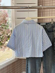 Elamini 条纹短款宽松休闲女式宽松袖口衬衫，亚麻质感女式衬衫 - 藍白色 - 查看 2