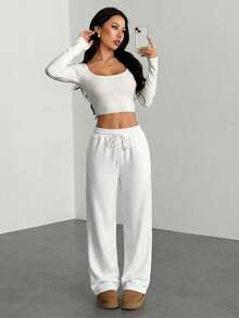 SHEIN PETITE 女士纯色抽绳休闲裤，简约时尚，适合日常穿着、毕业典礼、返校季、教师节等场合。 - 白色 - 查看 4