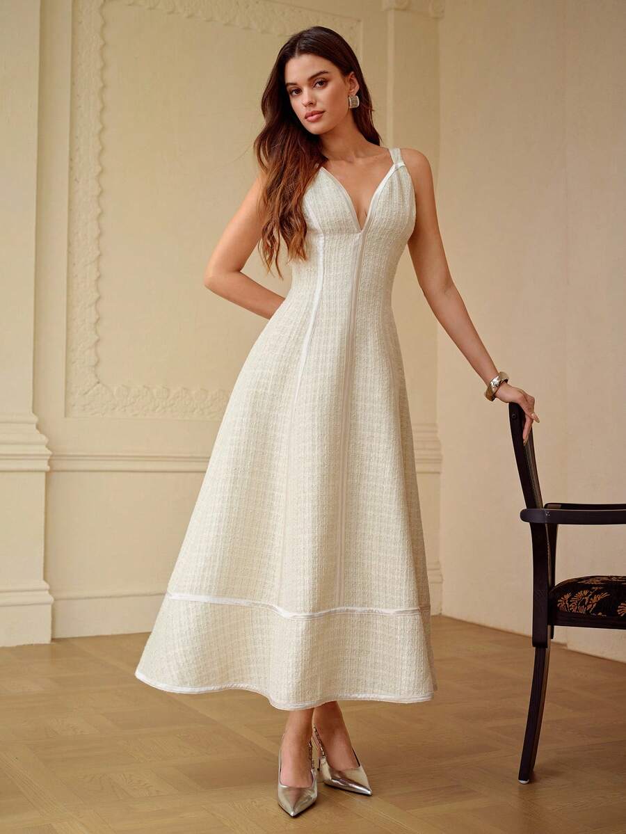 ZEYLAH Elegant Spaghetti Strap Waist Gathered Hem Dress, Spring/Summer - Apricot - View 1