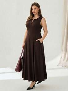 Auralis Plus Size Chocolate Brown Summer Smart Casual Vacation Holiday Solid Color Minimalist Sleeveless Dress,Everyday Button Down Long Dress With Pockets - Coffee Brown - View 3