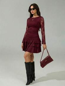 SHEIN Tall 女士新款黑色蕾丝拼接层叠荷叶边迷你连衣裙，秋季女装 - 酒紅色 - 查看 5