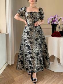 DAZY 女士花卉提花方领花瓣袖优雅中长连衣裙 - 黑色 - 查看 5