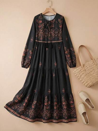 Rusticease Women's Floral Print Ruffle Hem Long Sleeve Dress Boho Dress Women French Style Dress Long Sleeve Summer Dresses Cottagecore Dress