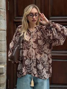 Livesso Áo sơ mi nữ màu nâu in hoa điều, thích hợp cho kỳ nghỉ hè ở bãi biển. - Cà phê nâu - Xem 7