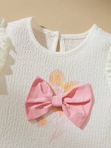 SHEIN 2件套女童针织提花白色荷叶边蝴蝶结花朵上衣和粉色荷叶边短裤套装，可爱夏季背心和短裤套装 - 白色 - 查看 3