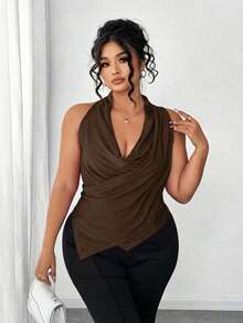 Elenzga Atasan Tank Top Wanita Ukuran Besar Warna Polos dengan Leher Silang dan Bahan Mengkilap yang Sangat Elastis - Coklat - View 3