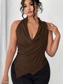 Elenzga Atasan Tank Top Wanita Ukuran Besar Warna Polos dengan Leher Silang dan Bahan Mengkilap yang Sangat Elastis - Coklat - View 6