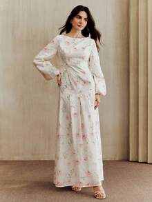 Anewsta Women's Elegant White And Pink Floral Print Maxi Dress,Long Sleeve Casual Loose Summer Cottagecore Party Dress,Minimalist Wildflower Floral Applique - Multicolor - View 4