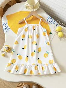 SHEIN Playful Pals Young Girl' Summer Woven Digital Print Dress With Ruffle Hem Spaghetti Strap Off Shoulder Lightweight Mid-Length Dress, Suitable For Daily Wear, Outings, Travel, Vacation, And Gatherings In Summer - Yellow - View 2