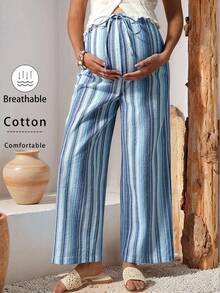 Boho Mama Summer Outfit Maternity Clothes Maternity PantsBlue Rainbow Striped Cotton Elastic Waistband Maternity Vacation Pants, Breathable And Sweat-Wicking.   Pregnant Women's Striped Drawstring Waist Casual Versatile Wide Leg Pants For Daily Wear - Mint Blue - View 2