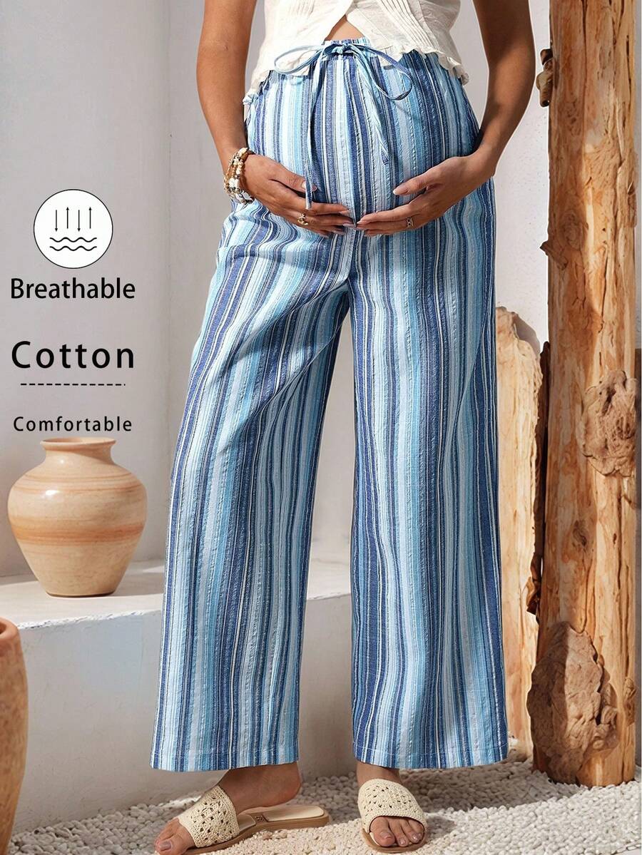 Boho Mama Summer Outfit Maternity Clothes Maternity PantsBlue Rainbow Striped Cotton Elastic Waistband Maternity Vacation Pants, Breathable And Sweat-Wicking.   Pregnant Women's Striped Drawstring Waist Casual Versatile Wide Leg Pants For Daily Wear - Mint Blue - View 1