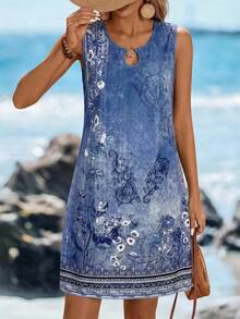 Sylviya 圆领金属环装饰A字无袖连衣裙，印花休闲度假优雅街头风迷你连衣裙，女士 - 藍色 - 查看 3