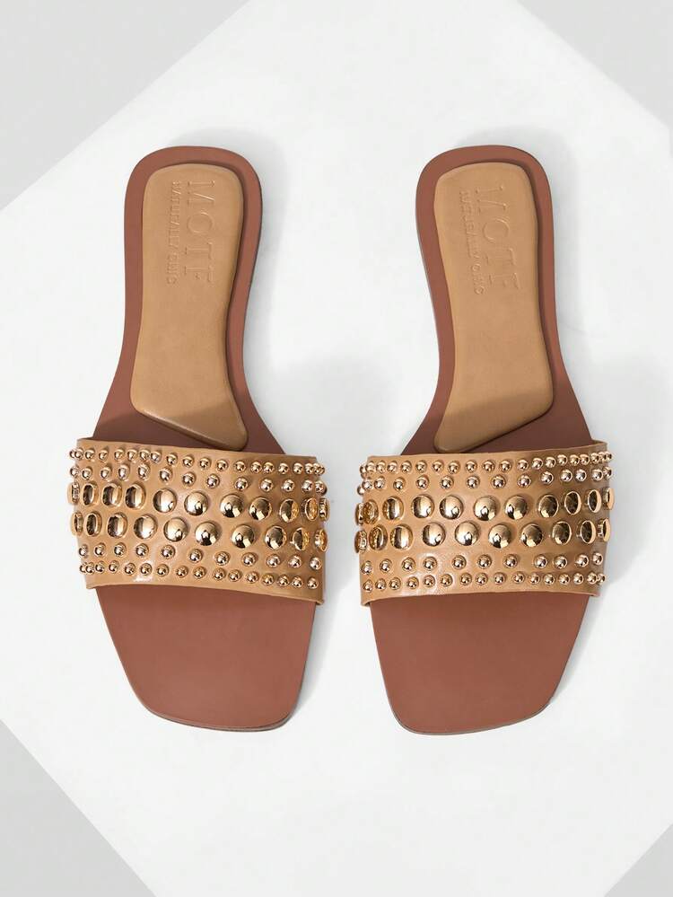 WOMEN'S FASHION STREET STYLE RIVET SQUARE TOE FLAT SANDALS SPRING SHOES