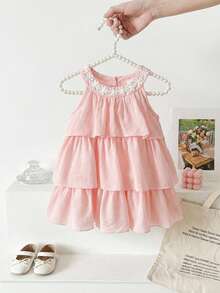 SHEIN 女婴无袖粉色连衣裙，配蝴蝶结，A字公主风，甜美百搭的圆领设计，适合日常外出，春季穿着 - 粉色 - 查看 1