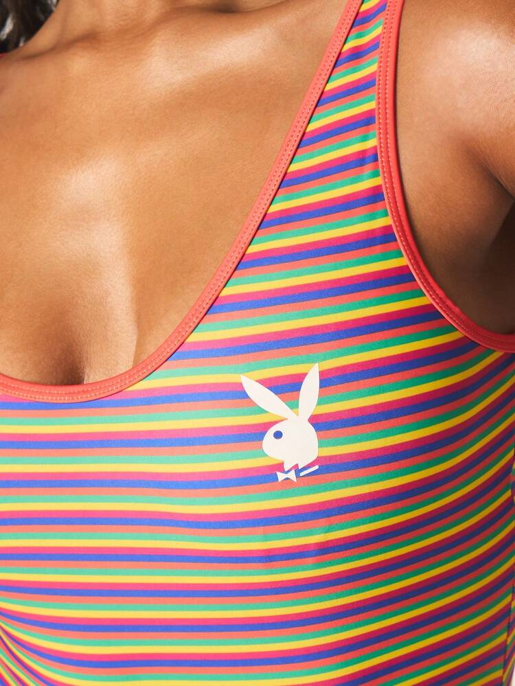 Missguided x Playboy Maiô com Listras Horizontais Coloridas, Decote em V e Alças Regulares, Roupa de Banho para Praia e Resort de Verão