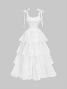 SHEIN MOD Damen Einfarbiges, mehrlagiges, geknotetes elegantes Kleid - Weiss - Übersicht 6