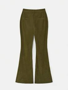 lacRébo Dark Green Cord Highwaisted Flare Trouser Spring Summer Olive Green Pants Pants Flare Leg Green Pants For Women Winter Office Outfits Business Casual Outfits - Green - View 7