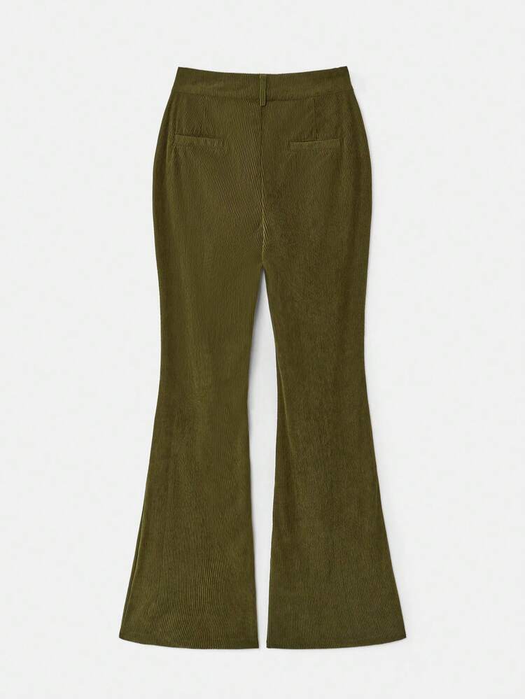 Dark Green Cord High-Waisted Flare Trouser Spring Summer Olive Green Pants Flare Leg Green Pants For Women Winter Office Business Casual