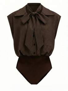 Franclia 2026新款女士条纹翻领无袖系带连体衣Y2K美学商务休闲办公室修身棕色连体上衣时尚百搭夏季日常街头风时尚女士工作外出装 - 棕色 - 查看 3