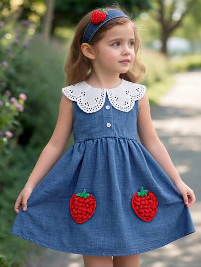 Young Girls' Sweet Pastoral Blue Dress, Made Of Soft Fabric With Comfortable Doll Collar, Decorated With Hollow Floral Pattern, Sleeveless Design For Refreshing And Free Movement, Strawberry Embroidery Adds Playful Charm, Waist Pleats Create Natural Fluffy Silhouette, Loose And Adorable Princess Style, Blue Dress, Suitable For Daily Outings, Birthday Parties, Family Picnics And Other Casual Occasions, Lightweight And Comfortable Fabric