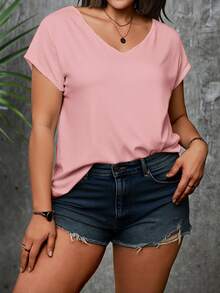 EMERY ROSE Plus Size Women V-Neck Raglan Sleeve T-Shirt, Casual & Comfortable Top - Multicolor - View 3