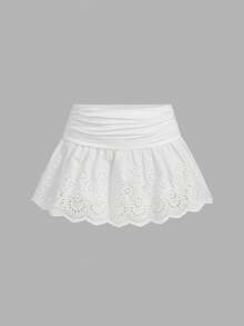 SHEIN MOD Jupe blanche mini à taille basse et ajourée avec broderie pour femmes - Blanc - Voir 4