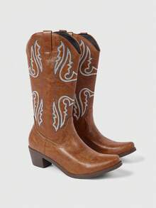 ROMWE 2025复古英伦乡村风西部刺绣牛仔靴，女士秋季靴 - 棕色 - 查看 1