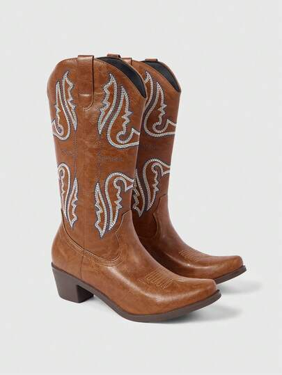 ROMWE 2025复古英伦乡村风西部刺绣牛仔靴，女士秋季靴