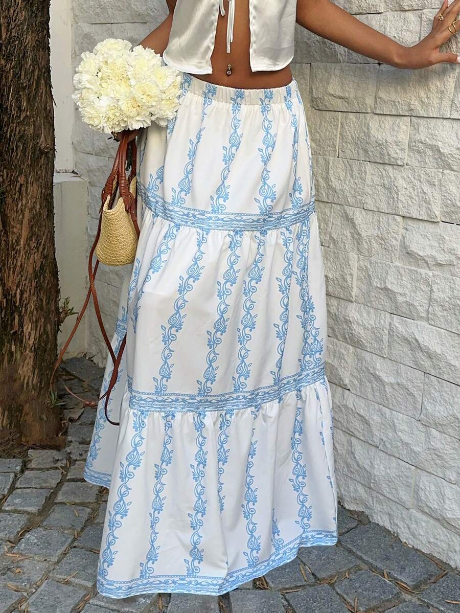 Sunnyshic 2026 New Summer Retro Print Flared Skirt, Slimming A-Line Long Skirt For Women - Multicolor - View 1