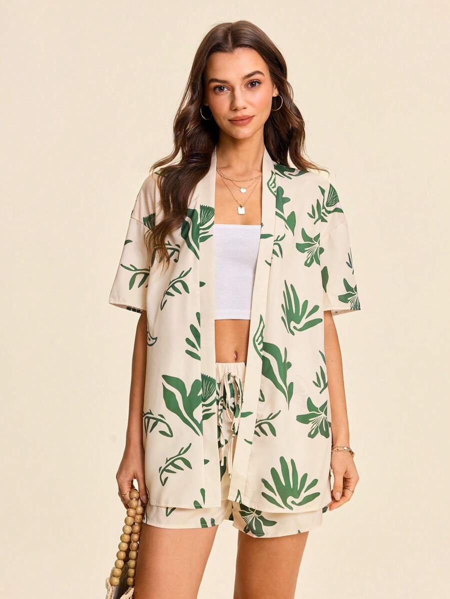 SHEIN VCAY Bộ 2 áo sơ mi nữ và quần short in họa tiết cạp chun, kỳ nghỉ bãi biển giản dị - Nhiều màu - Xem 1