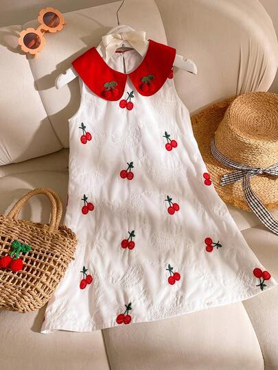 SHEIN 1pc Girls' Summer New Embroidered Cherry Fabric Red Peter Pan Collar 3D Cherry Sleeveless A-Line Dress, Sweet Pastoral Minimalist Versatile Fashion Dress