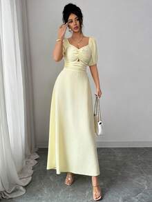 Modelyn Đầm xòe xếp ly màu vàng thanh lịch dành cho nữ, thích hợp cho kỳ nghỉ và hẹn hò, mùa xuân/hè. - Vàng nhạt - Xem 5