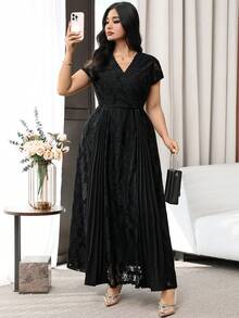 Feyla Vestido elegante de manga corta con cuello en V de unicolor y parches de encaje para tallas grandes - Negro - Ver 5